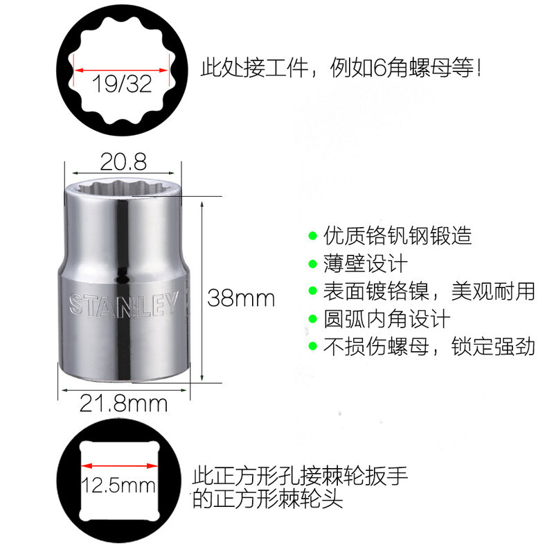 史丹利（Stanley）12.5MM系列英制12角标准套筒大飞棘轮扳手汽修机修套筒批头 19/32英寸 86-497-1-22